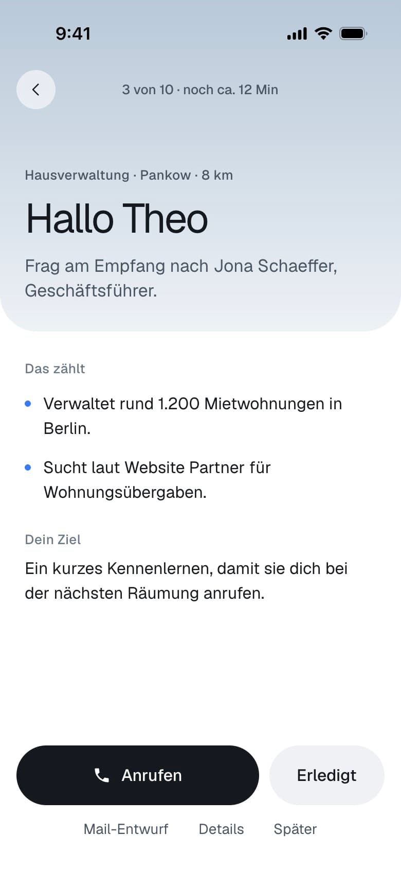 Hallo Theo: Kontaktperson und vorbereitete Informationen für das Gespräch.