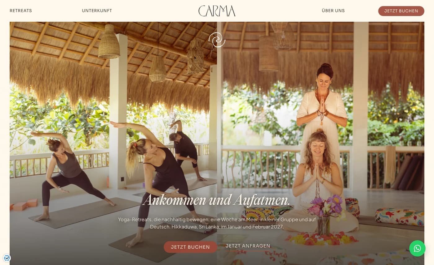 Aktueller Hero der Carma-Retreats-Website: Ankommen und Aufatmen, Yoga in Sri Lanka.